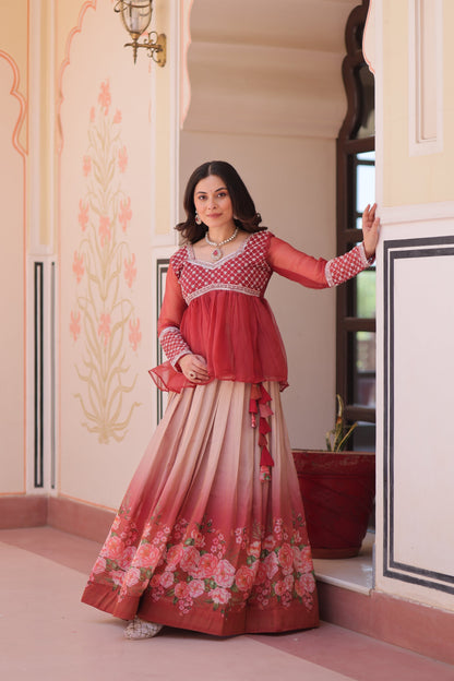 FESTIVAL SPECIAL COSMOS WITH PRINT CHIFFON BEADS EMBROIDERED LEHENGA CHOLI (WDN131)