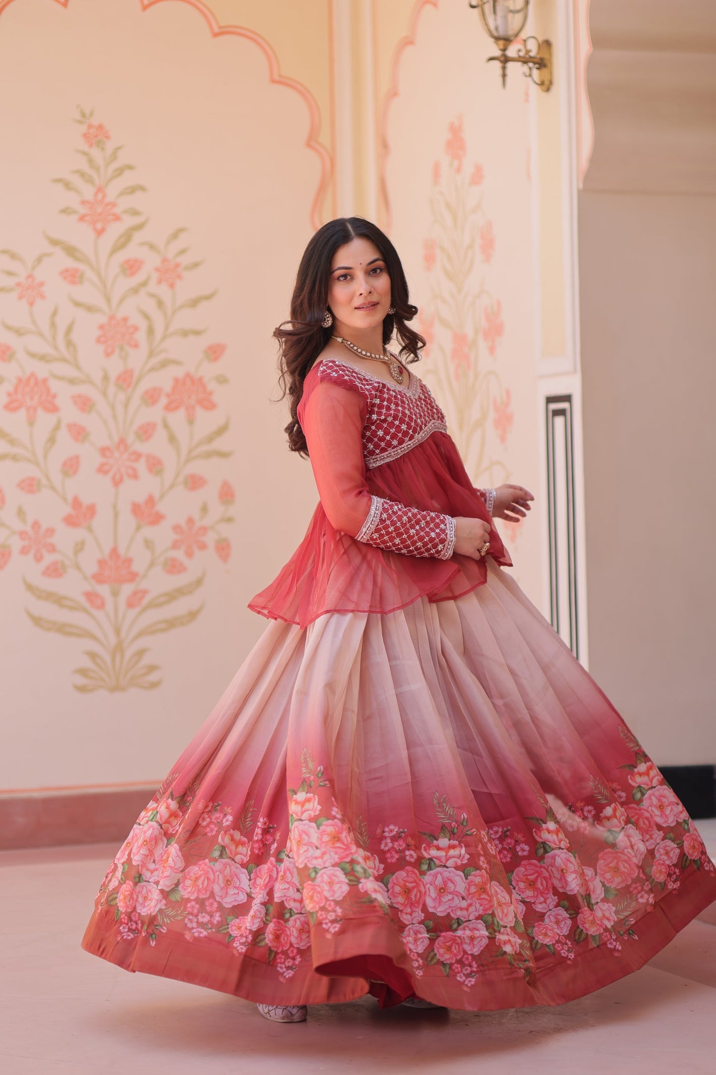 FESTIVAL SPECIAL COSMOS WITH PRINT CHIFFON BEADS EMBROIDERED LEHENGA CHOLI (WDN131)