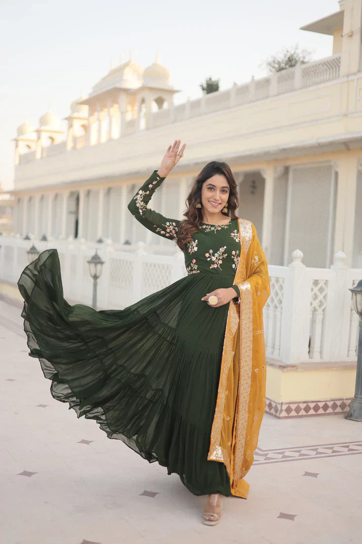 Premium Faux Georgette Gown with Russian silk Dupatta With Adorable Embroidered thread work