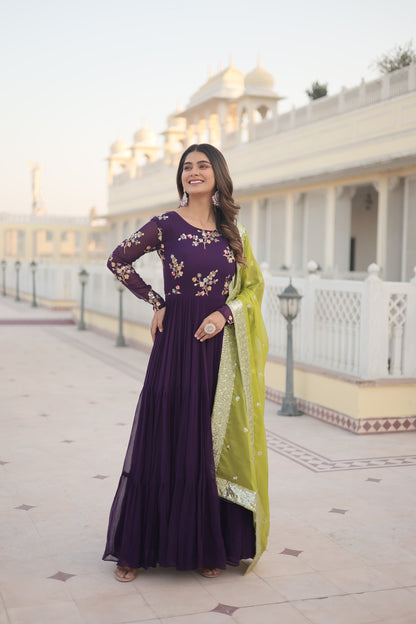 Tilton Premium Faux Georgette Gown with Russian silk Dupatta With Adorable Embroidered thread work