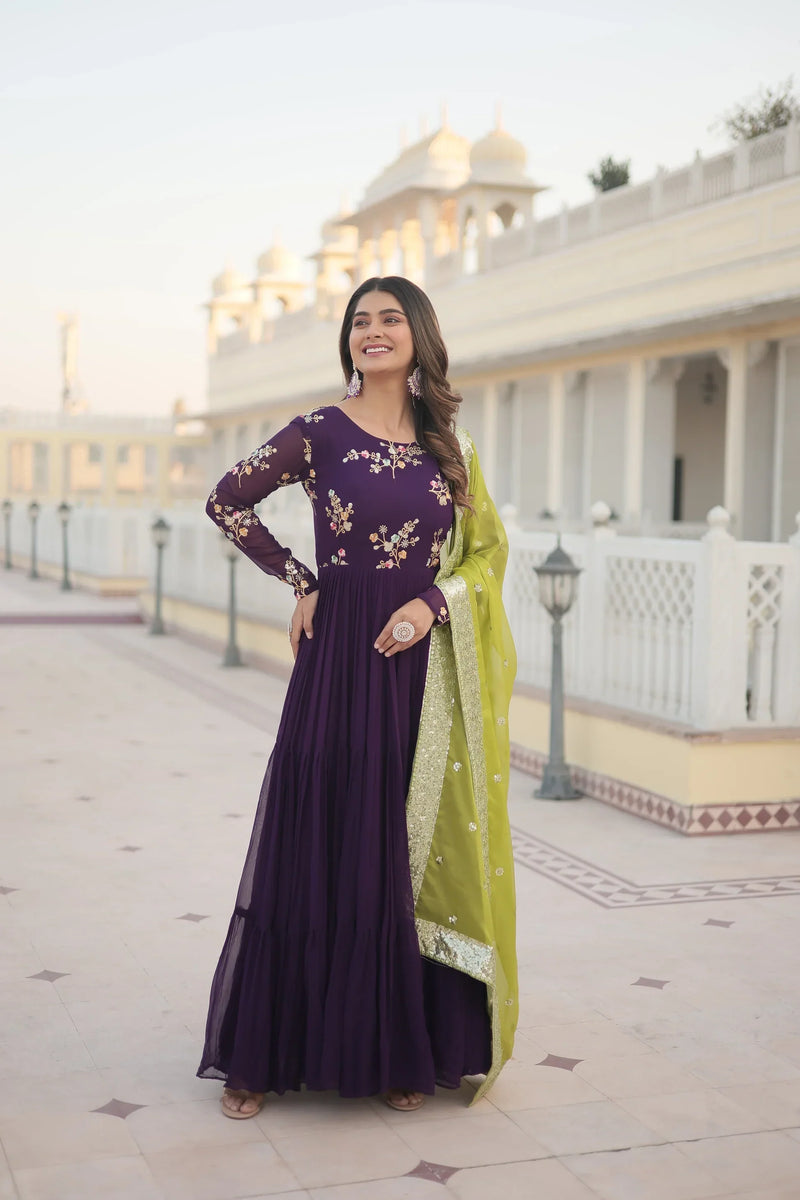 Premium Faux Georgette Gown with Russian silk Dupatta With Adorable Embroidered thread work