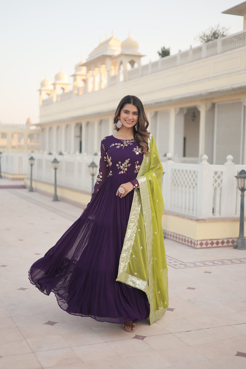 Tilton Premium Faux Georgette Gown with Russian silk Dupatta With Adorable Embroidered thread work