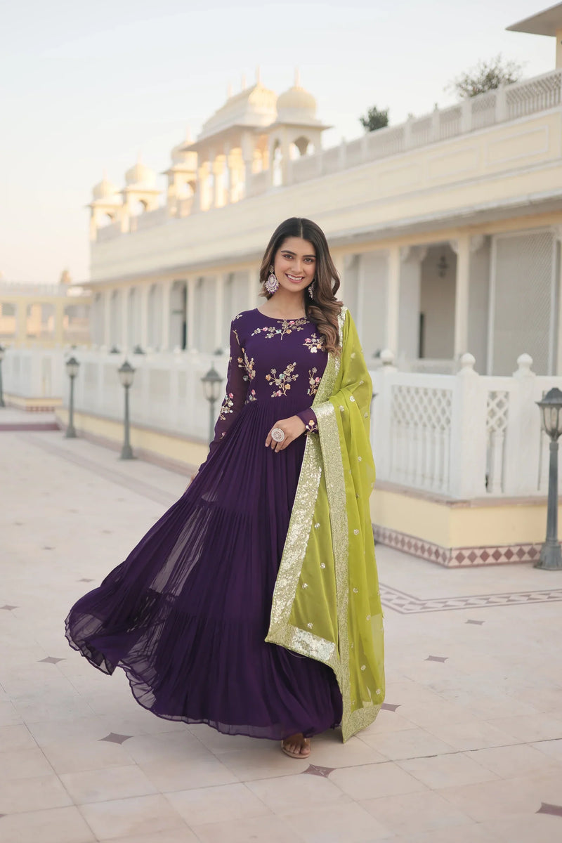 Premium Faux Georgette Gown with Russian silk Dupatta With Adorable Embroidered thread work