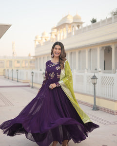 Tilton Premium Faux Georgette Gown with Russian silk Dupatta With Adorable Embroidered thread work