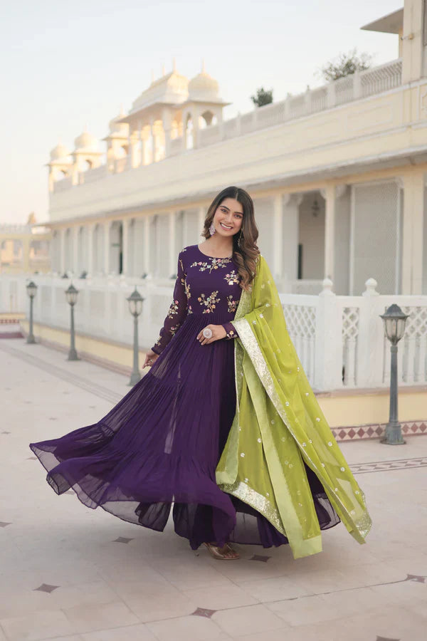 Premium Faux Georgette Gown with Russian silk Dupatta With Adorable Embroidered thread work