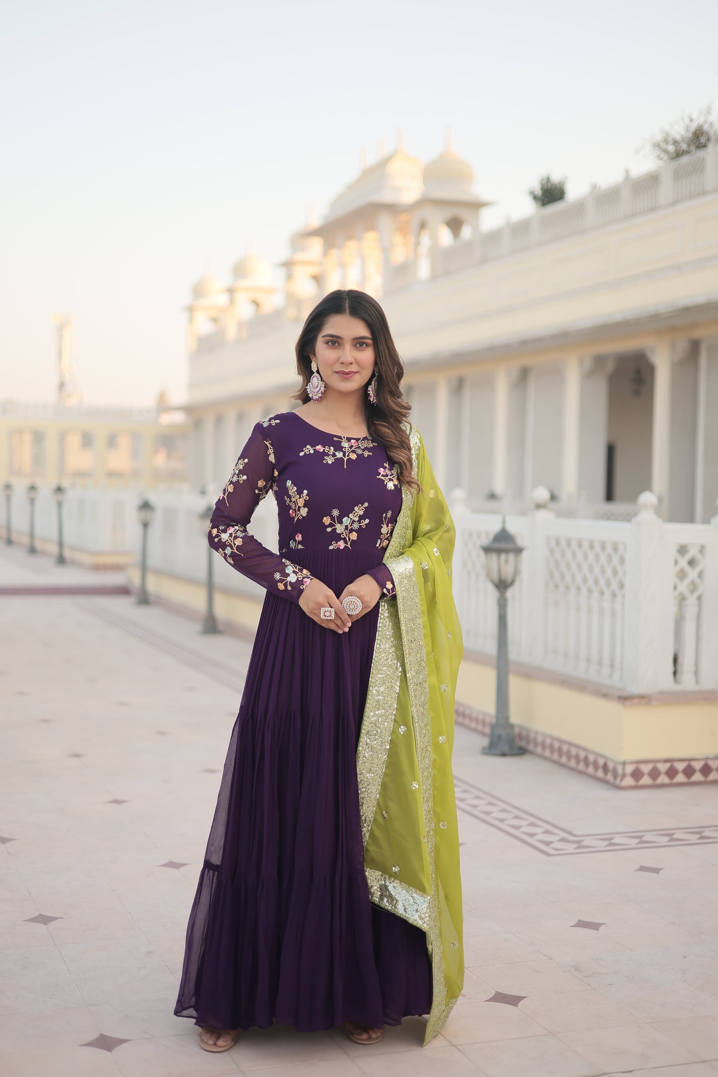 Tilton Premium Faux Georgette Gown with Russian silk Dupatta With Adorable Embroidered thread work