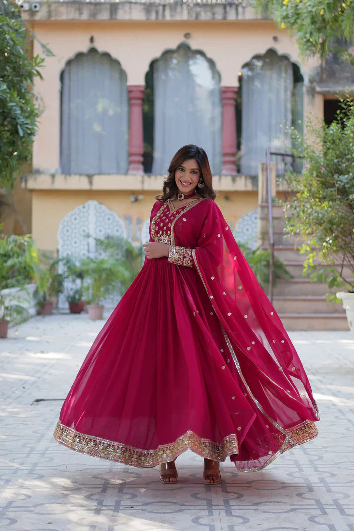 WEDDING SPECIAL BLOOMING GEORGETTE RICH SEQUANCE EMBROIDERED GOWN WITH DUPATTA(WD114) (01)