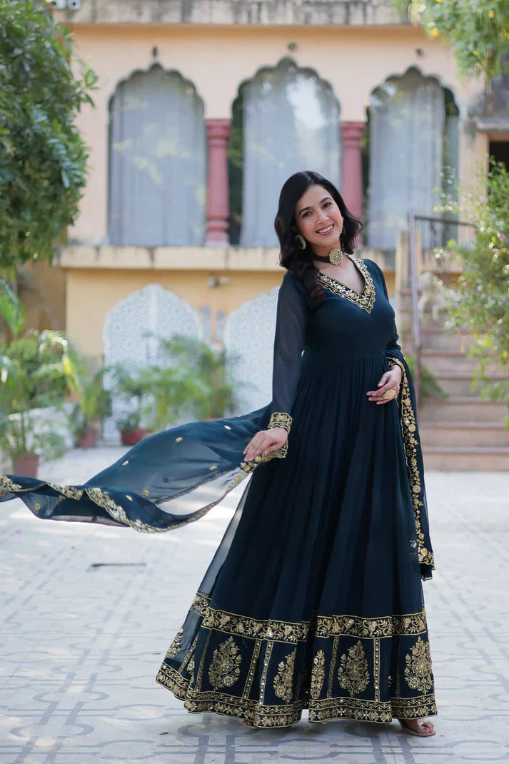 WEDDING SPECIAL FAUX BLOOMING GEORGETTE EMBROIDERED GOWN WITH DUPATTA(WD112)