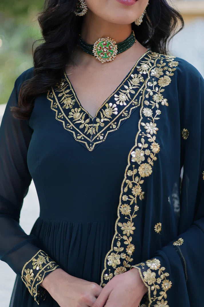 WEDDING SPECIAL FAUX BLOOMING GEORGETTE EMBROIDERED GOWN WITH DUPATTA(WD112)