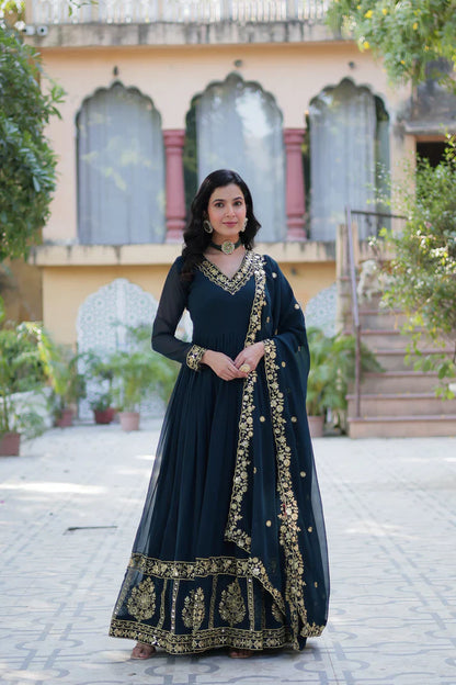 WEDDING SPECIAL FAUX BLOOMING GEORGETTE EMBROIDERED GOWN WITH DUPATTA(WD112)