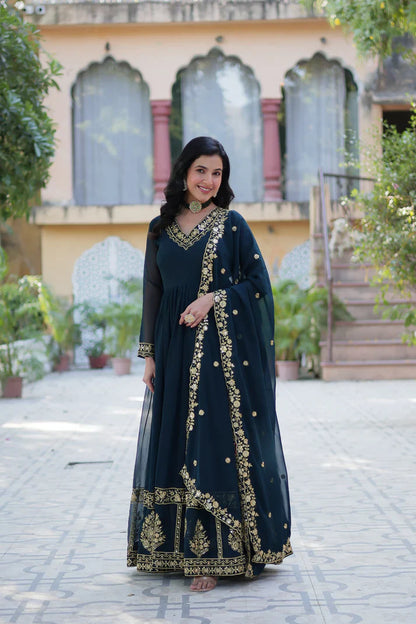 WEDDING SPECIAL FAUX BLOOMING GEORGETTE EMBROIDERED GOWN WITH DUPATTA(WD112)