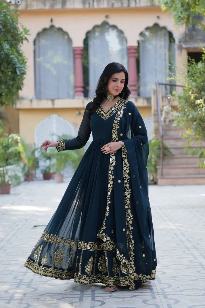 WEDDING SPECIAL FAUX BLOOMING GEORGETTE EMBROIDERED GOWN WITH DUPATTA(WD112)