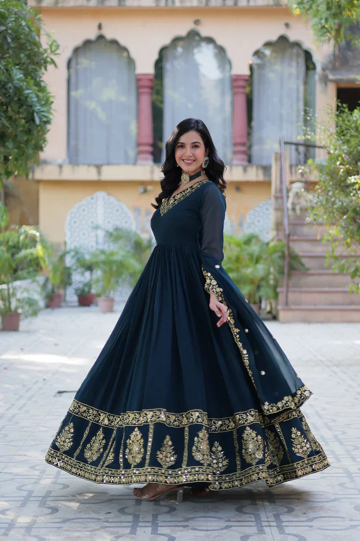 WEDDING SPECIAL FAUX BLOOMING GEORGETTE EMBROIDERED GOWN WITH DUPATTA(WD112)