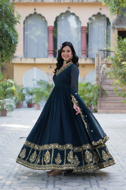 WEDDING SPECIAL FAUX BLOOMING GEORGETTE EMBROIDERED GOWN WITH DUPATTA(WD112)