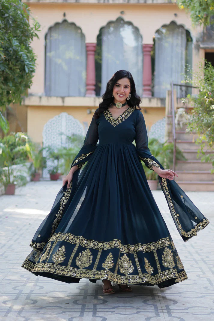 WEDDING SPECIAL FAUX BLOOMING GEORGETTE EMBROIDERED GOWN WITH DUPATTA(WD112)