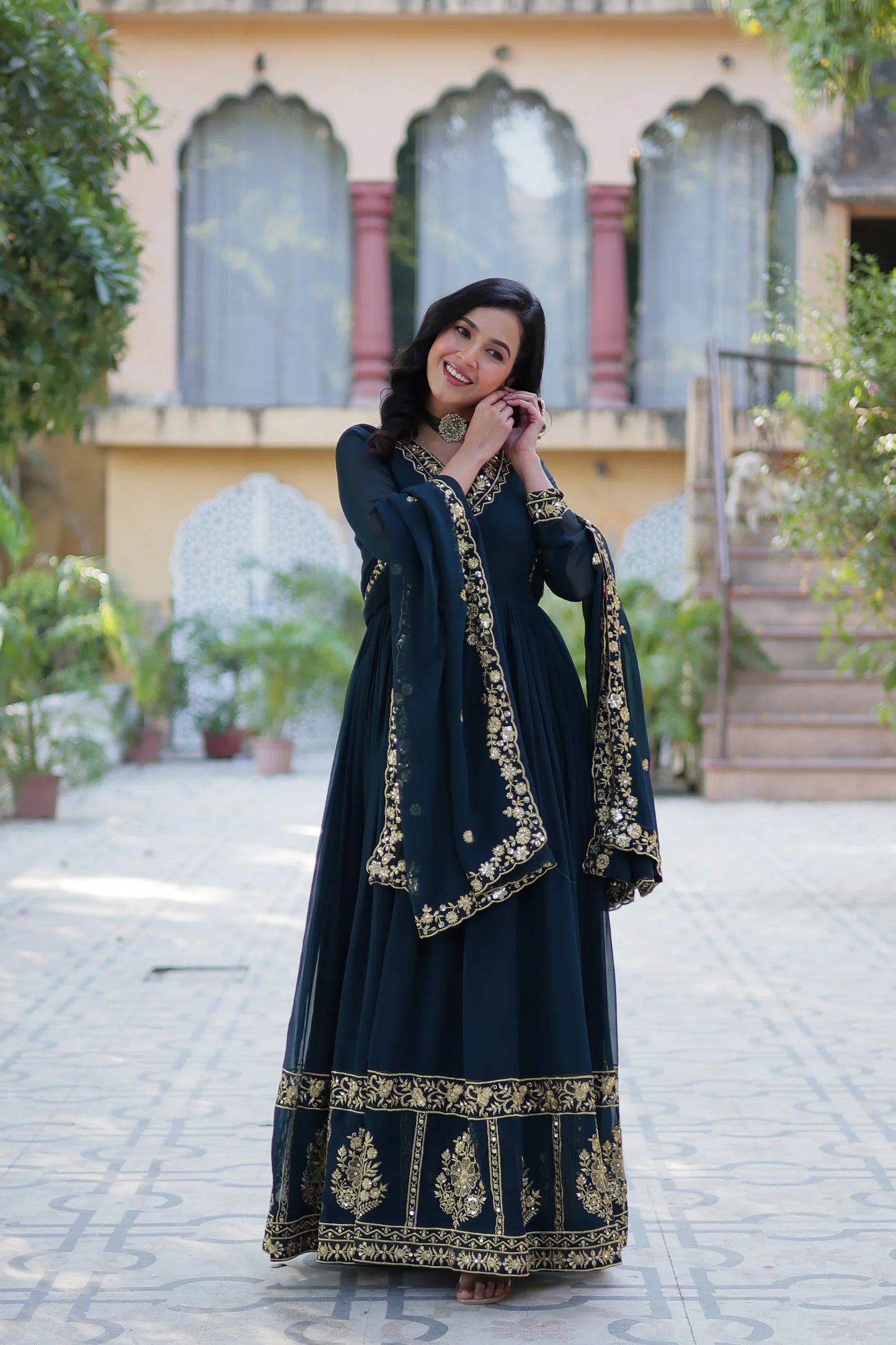 WEDDING SPECIAL FAUX BLOOMING GEORGETTE EMBROIDERED GOWN WITH DUPATTA(WD112)