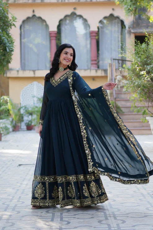 WEDDING SPECIAL FAUX BLOOMING GEORGETTE EMBROIDERED GOWN WITH DUPATTA(WD112)