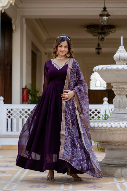 PEARL HANDWORK GOWN WITH PRINTED JEQUARD BORDER DUPATTA(WD04)