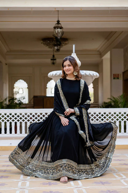 BLACK BLOOMING EMBROIDERED GOWN WITH DUPATTA(WD85)