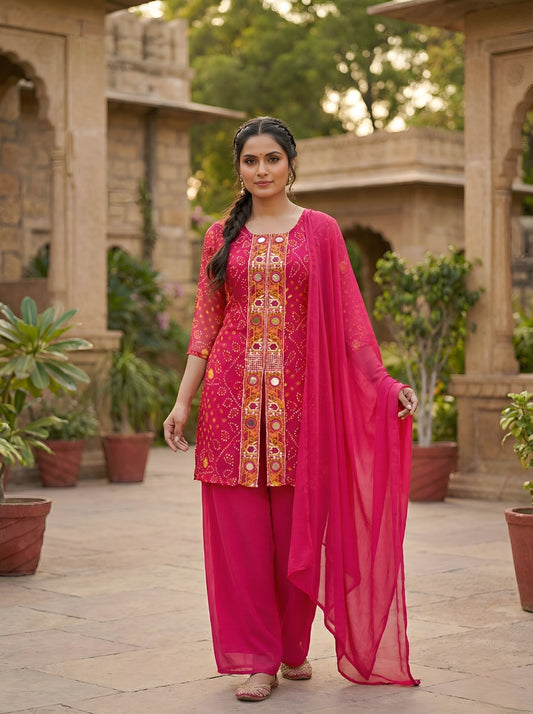 A Rich Purple And Pink Bandhani Printed Plazo set Featuring An Embroidered Front Panel, Flowy Matching Bottoms and A Sheer Dupatta For An Elegant Ethnic Look. (NFRD01)