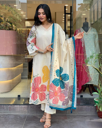 Launching Summer Cool, Comfortable And Attractive Softest Muslin Suit Set Which Is Beautifully Decorated With Hand Embroidery And Thread Work. It Is Paired With Matching Pants And Dupatta(SWRED18)