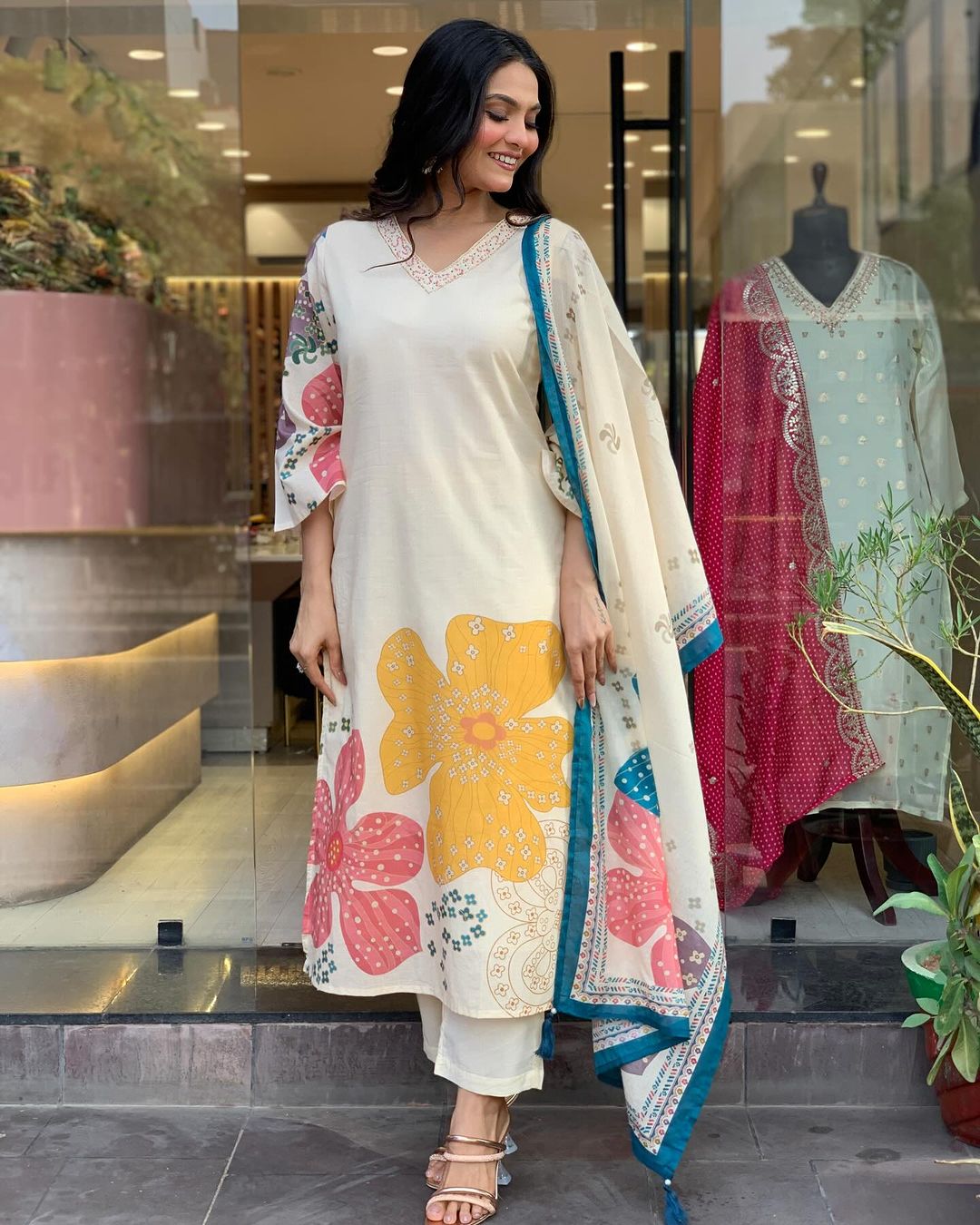 Launching Summer Cool, Comfortable And Attractive Softest Muslin Suit Set Which Is Beautifully Decorated With Hand Embroidery And Thread Work. It Is Paired With Matching Pants And Dupatta(SWRED18)