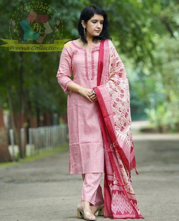 Pure HANDLOOM khadi cotton weaving based fabric all over embroidery. (SWRD22)