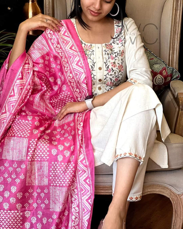 traditional events by wearing this handloom cotton kurta pant and khadi silk ikkat print Dupatta  (SWRD25)
