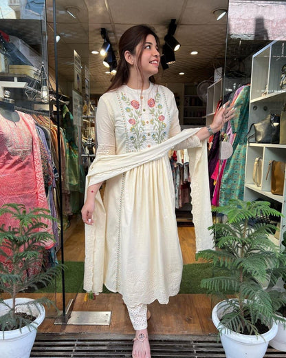 Cotton chikankari embroidered kurta with pants and stall dupatta will make you look the best.  (SWRD39)