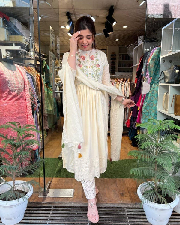 Cotton chikankari embroidered kurta with pants and stall dupatta will make you look the best.  (SWRD39)