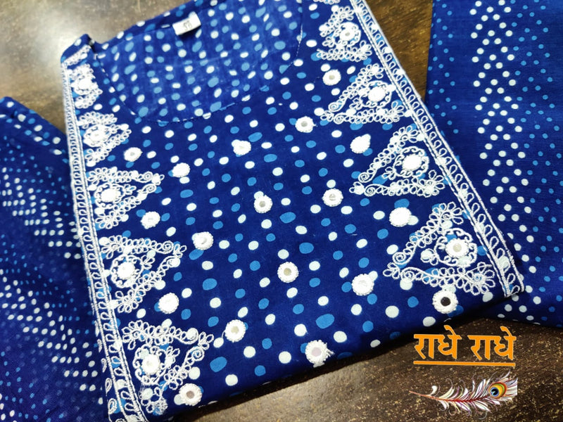 Indigo printed pure cotton kurta given an exquisite touch (SWRD57)