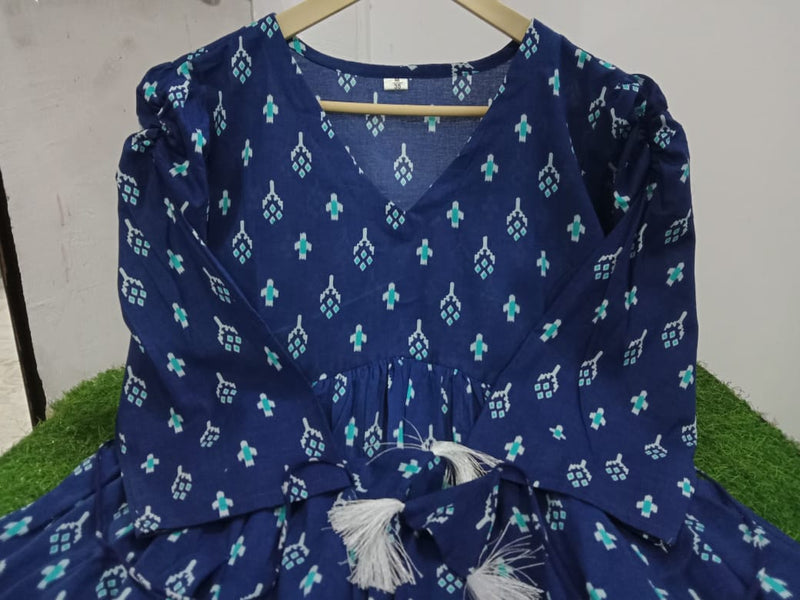 New Beautiful Indigo blue color aliacut cotton middi dress with side cushion and tassels  (SWRD56)