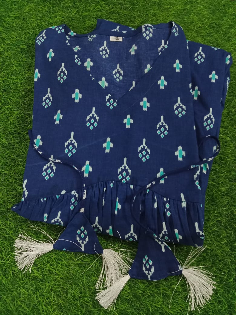 New Beautiful Indigo blue color aliacut cotton middi dress with side cushion and tassels  (SWRD56)