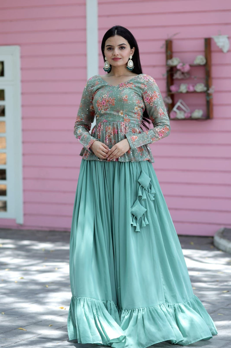 Pista Green Faux Georgette Ruffle Lehenga With Sequence Embroidered Peplum Blouse