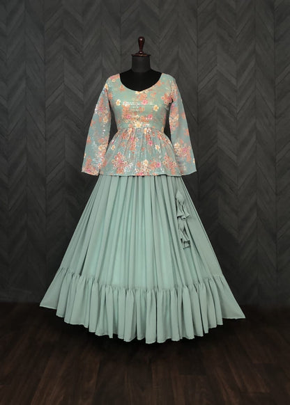 Pista Green Faux Georgette Ruffle Lehenga With Sequence Embroidered Peplum Blouse