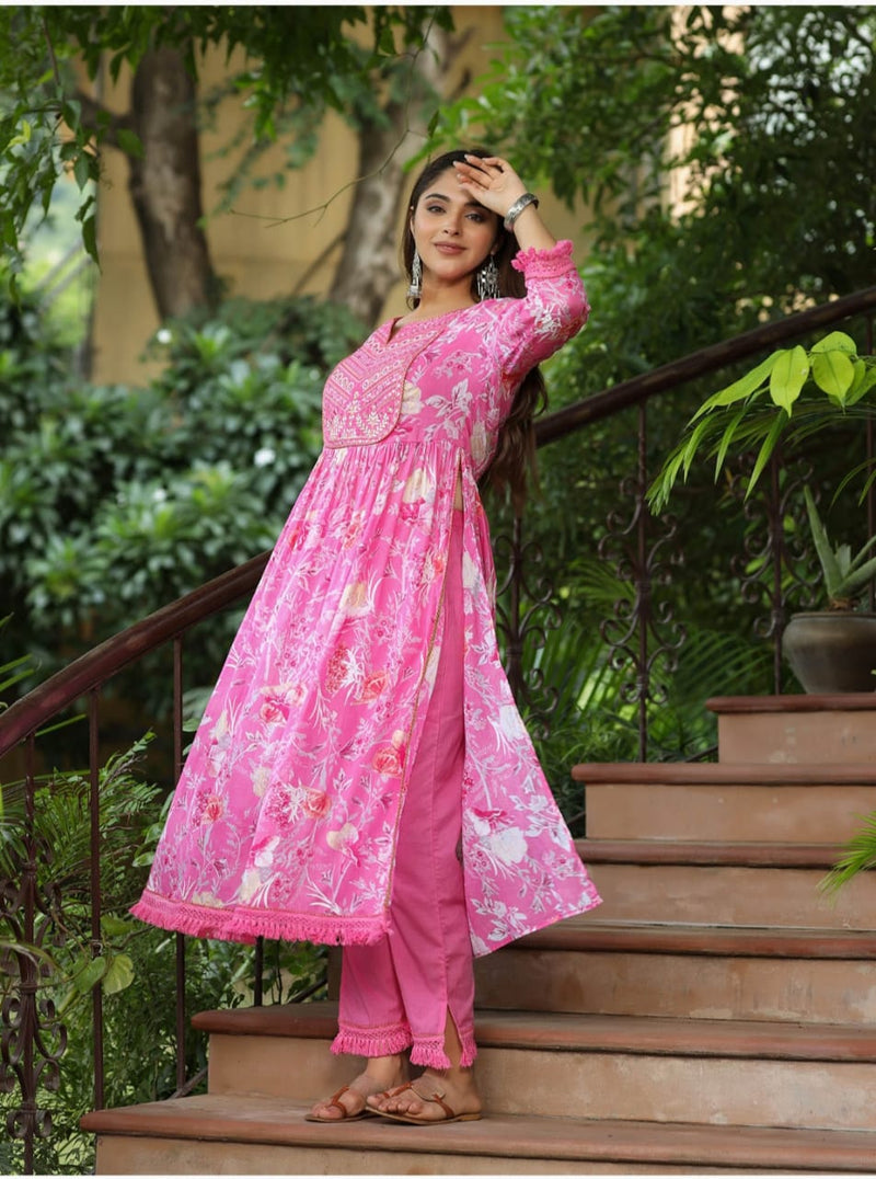 Pure fine cotton 60-60 fabric with embrioday naira cut Kurti with Pant Dupatta (SWRD90)