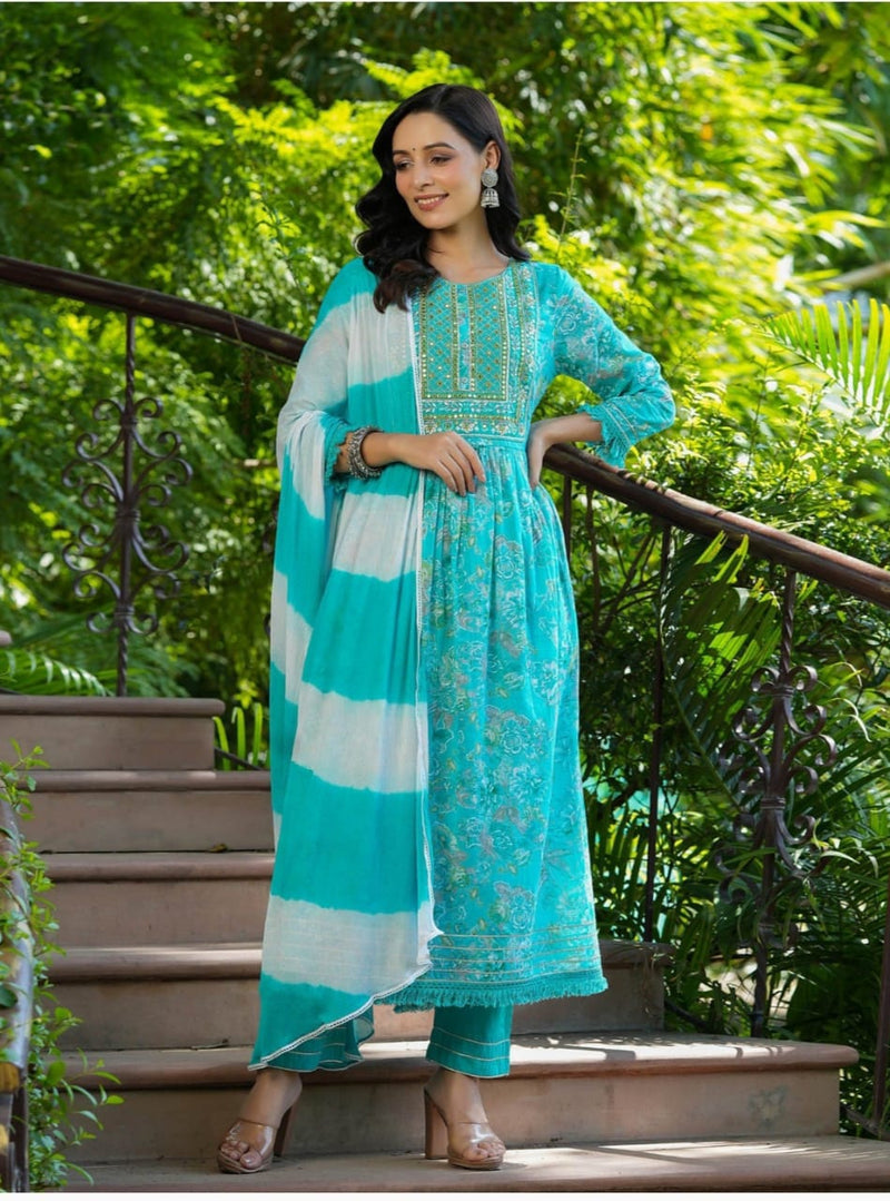Exclusive Pure fine cotton 60-60 fabric with embrioday naira cut Kurti with Pant Dupatta