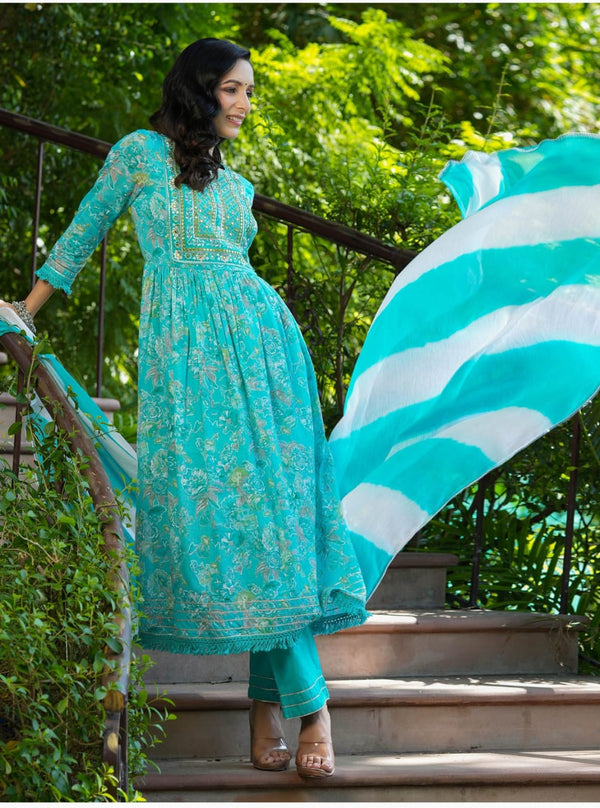 Exclusive Pure fine cotton 60-60 fabric with embrioday naira cut Kurti with Pant Dupatta