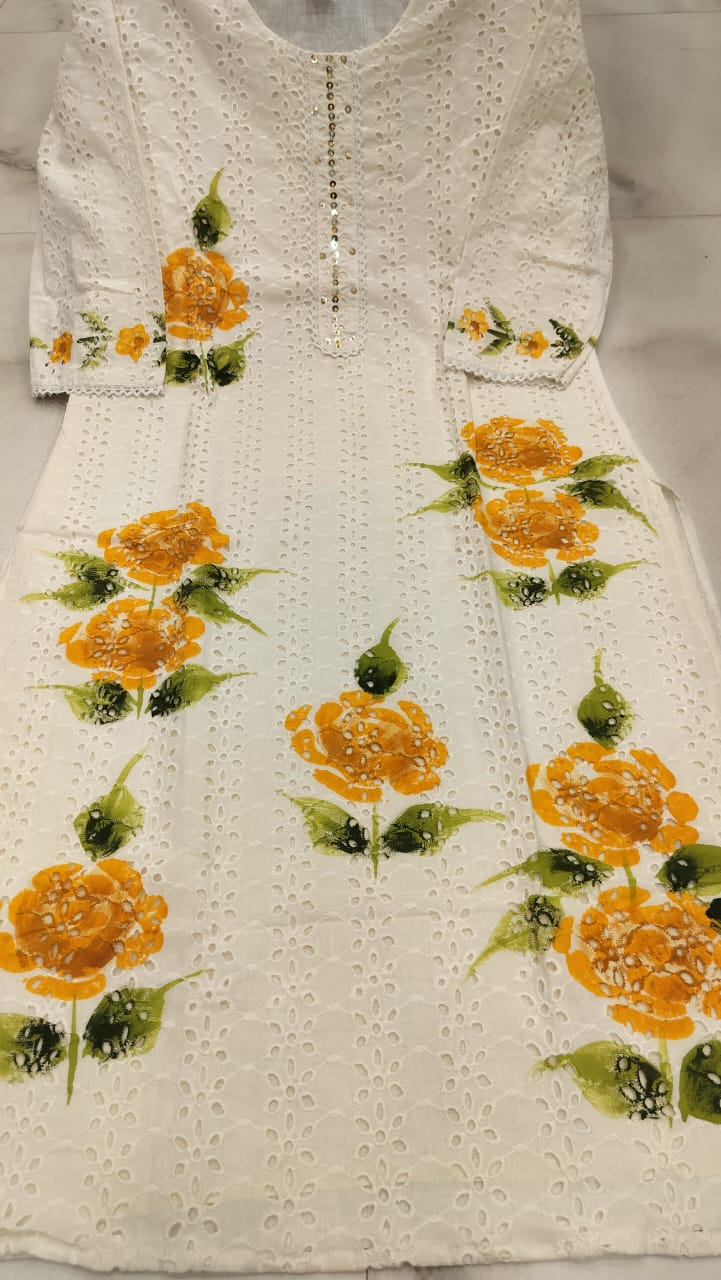 Heavy premium chicken shifli cotton fabric Kurti with hand printed kurti and Pant and mulmul Dupatta -In very fine Quality Cotton