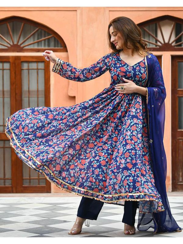 Beautiful Rayon Fabric Printed Long gown Kurti With Pant And Dupatta
