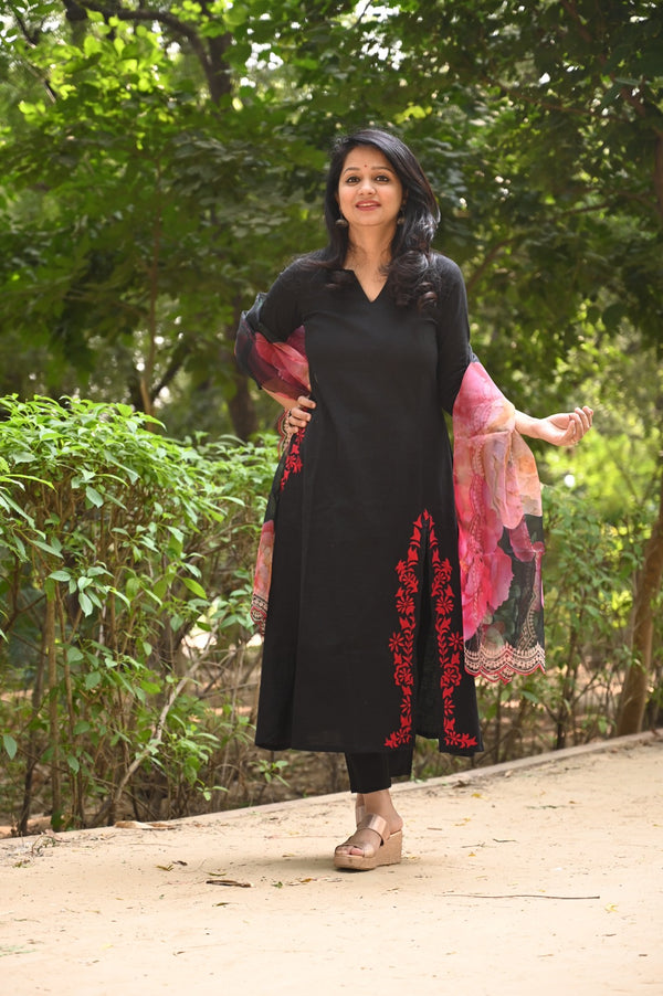 Cotton fabric with side slit and a pocket with heavy thread embroidery work... Kurti Length 46"