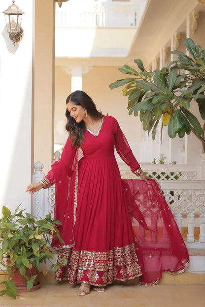 Faux Blooming Gown with Dupatta With Attractive Embroidered Sequins work.(WD32) (01)