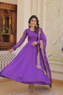 Womensavtar Russian Silk Gown-Dupatta With Attractive Embroidered Sequins work with Lace Border.