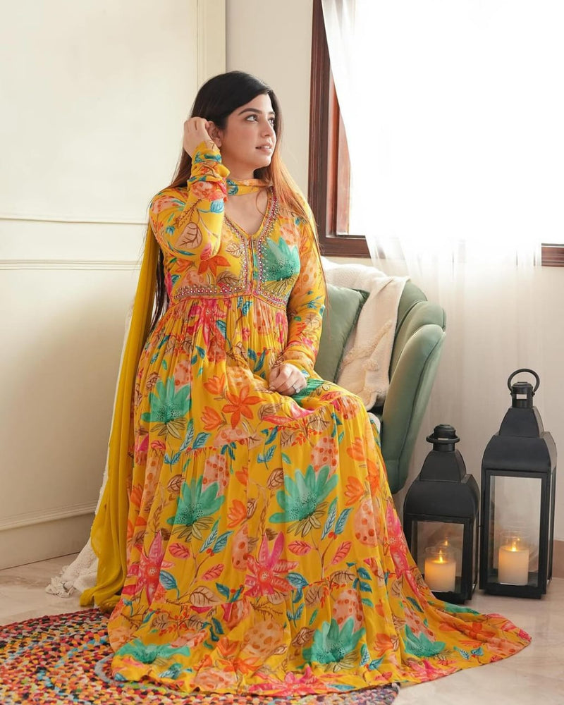 LAUNCHING GLAMOUROUS YELLOW ALIYA CUT WHICH IS BEAUTIFULLY DECORATED WITH INTRICATE HANDWORK,