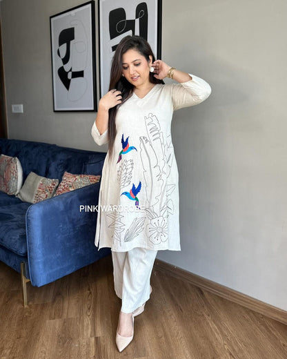 New in festive aari work kurta Plazzo set. Get your hands on our beautiful off-white kurti with intricate thread aari work