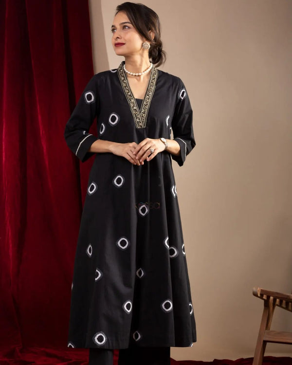 Introducing the latest addition to our fashion collection the long Aliya cut type aline kurta Style made from high-quality cotton, embellished with exquisite embroidery work on neck line with pant.