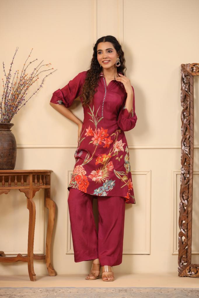 This stunning set features a beautiful plazzo bottom and Designer Kurta with a neck line adorned with gorgeous detailing....