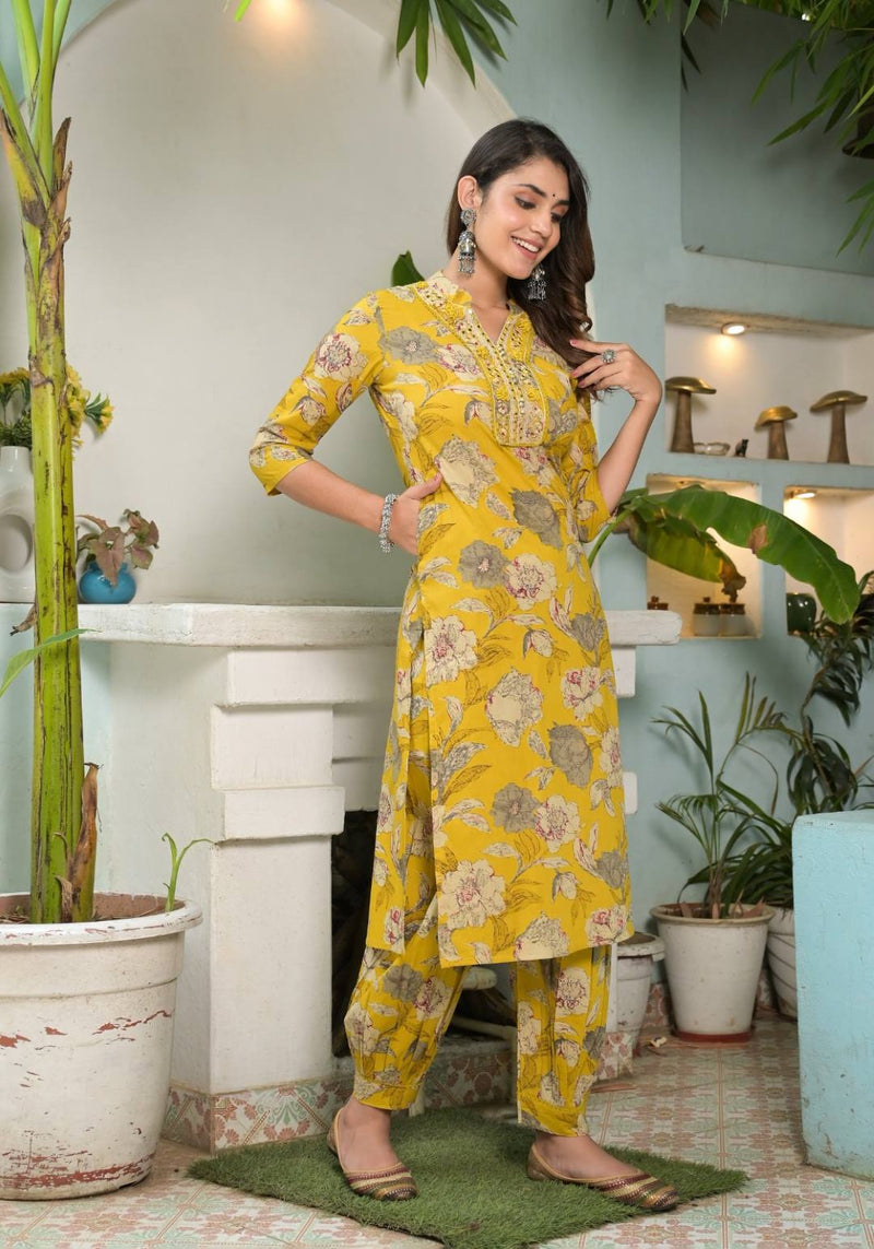 Floral Printed Mirror Embellished Straight Kurta Paired With Afghani Bottom And Printed Dupatta