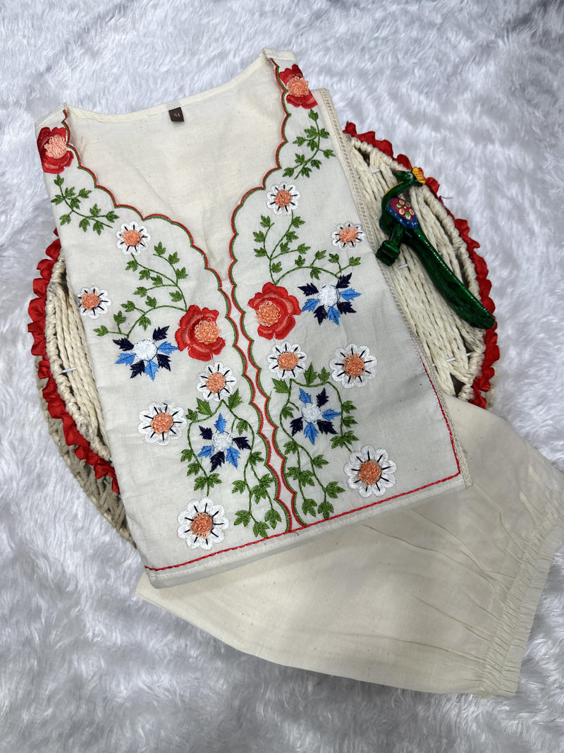 Launching Summer Special, Comfortable And Attractive Pure Cotton Suit Set Which Is Beautifully Decorated With Hand Embroidery And Thread Work. It Is Paired With Matching Pants