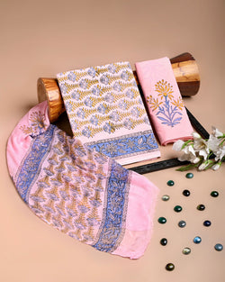 Exclusive Hand Block Print Cotton Suit Set with Chiffon Dupatta